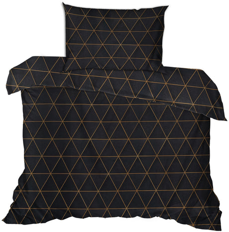 Parure de lit - 1 housse de couette 140 x 200cm + 1 taies d'oreiller 60 x 60 cm - 100% coton renforcé - Imprimé graphique Noir / Or
