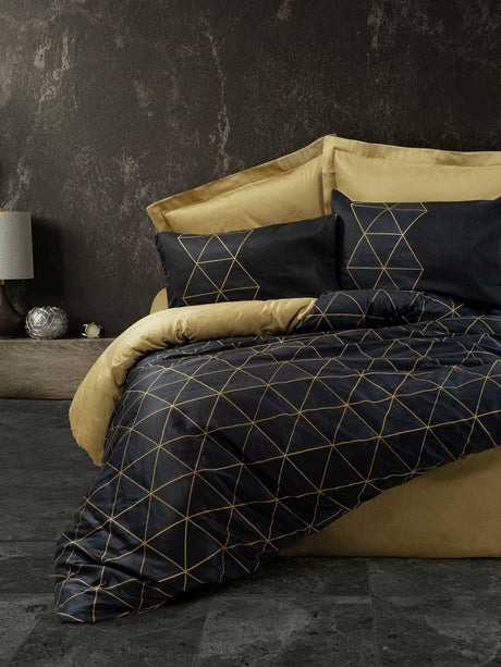 Parure de lit - 1 housse de couette 140 x 200cm + 1 taies d'oreiller 60 x 60 cm - 100% coton renforcé - Imprimé graphique Noir / Or