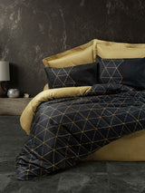 Parure de lit - 1 housse de couette 140 x 200cm + 1 taies d'oreiller 60 x 60 cm - 100% coton renforcé - Imprimé graphique Noir / Or