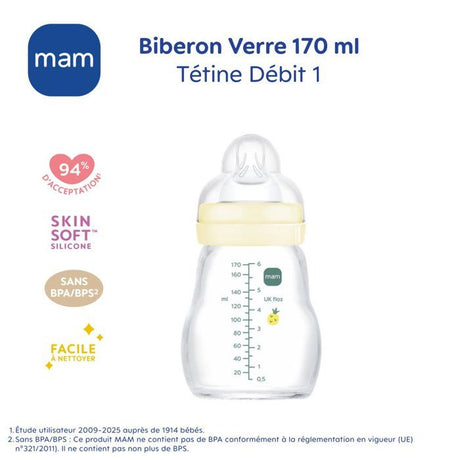 MAM Biberon Verre Nature - 170ml - Lin - Tétine Débit 1