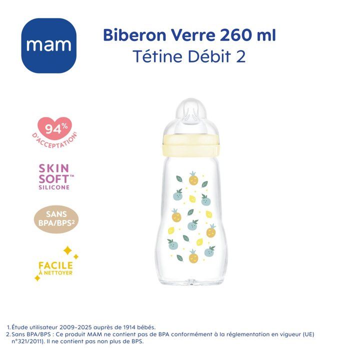 MAM Biberon Verre Nature - 260ml - Lin - Tétine Débit 2