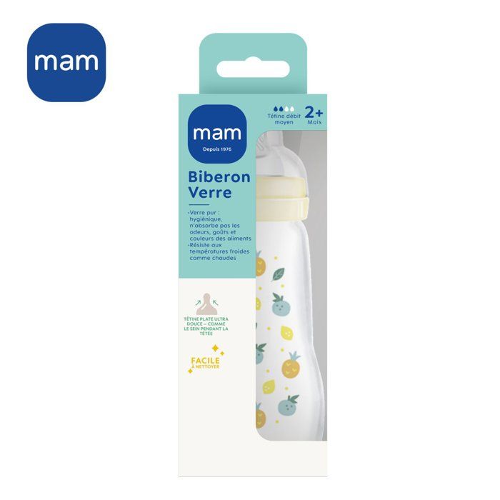 MAM Biberon Verre Nature - 260ml - Lin - Tétine Débit 2