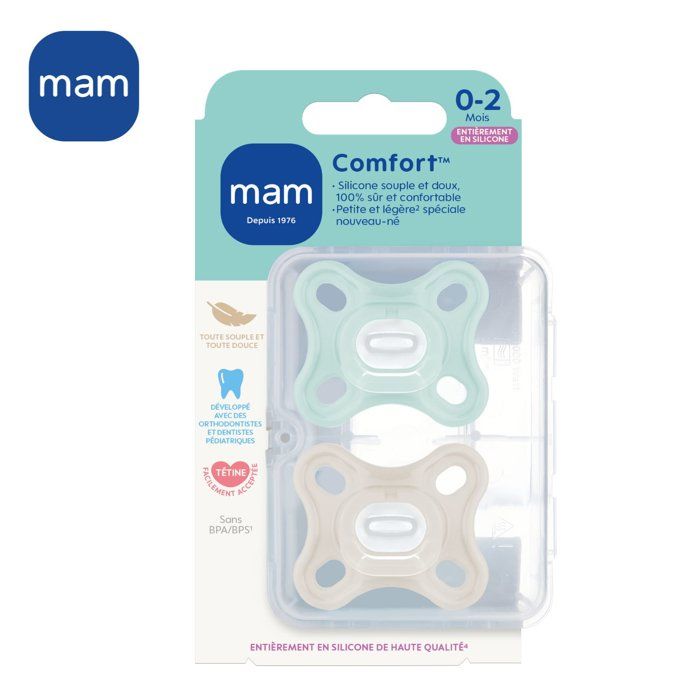 Sucette Physiologique MAM - Lot de 2 - Silicone Souple et Doux - Bleu/Vert