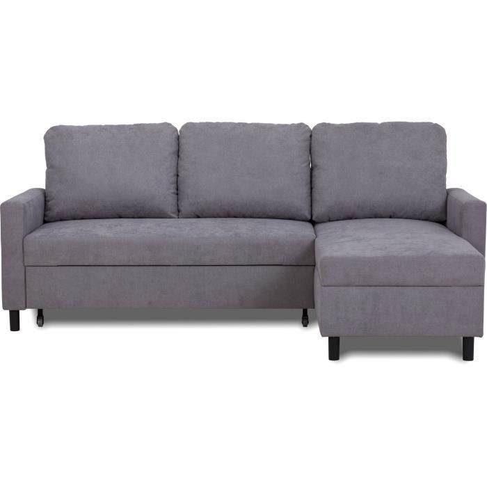 Canapé d'angle convertible - 4 places - AYA - Tissu Gris - Coffre - 212 x 144 x 87 cm