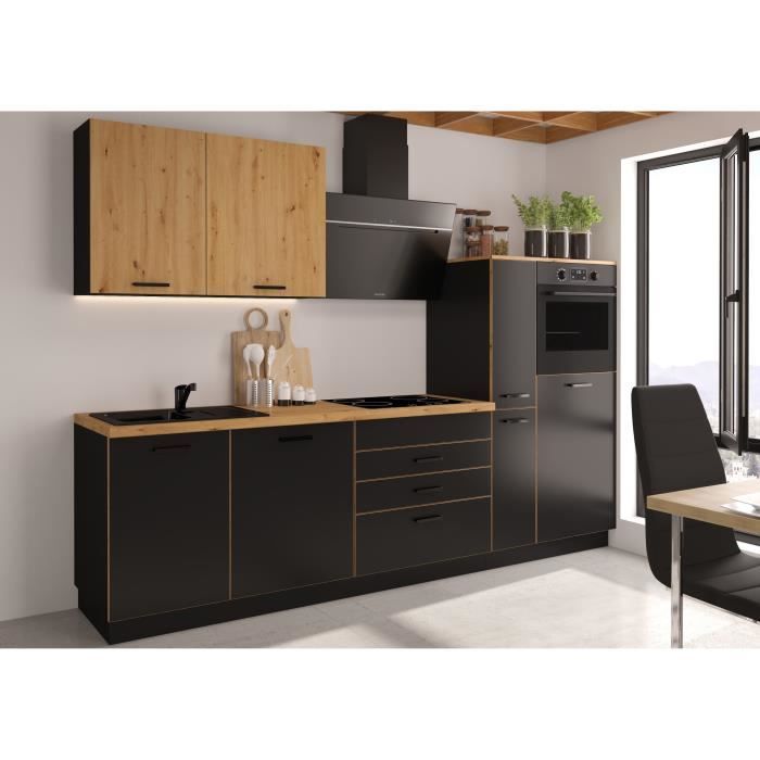 Cuisine complete AYA - DÈcor noir - L 280 x P 60 x H 214 cm - Plan de travail inclus