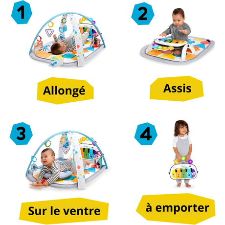 BABY EINSTEIN  Kickin' Tunes Tapis de sol éveil bébé évolutif, 4-en-1, jouet piano amovible, arche, cadeau bébé, multilingue