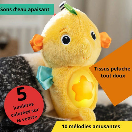BABY EINSTEIN Veilleuse bébé, Doudou hippocampejaune, réponds au pleurs de bébé, musicale, lumineuse, bruits blanc, attache tétine