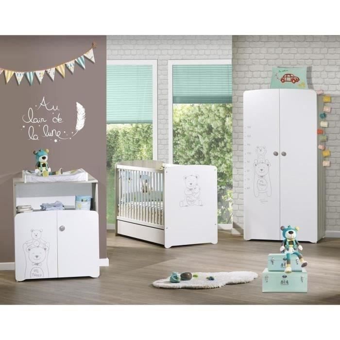 Teddy trio baby room: 120x60 bed, changing table and wardrobe - Babyprice - White