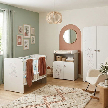 Chambre bébé trio Teddy: lit 120x60, commode a langer et armoire - Babyprice - Blanc