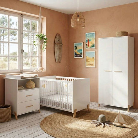 Lit bébé - 120 x 60 cm - Babyprice Joy Naturel - Blanc - Sur pieds en bois naturel