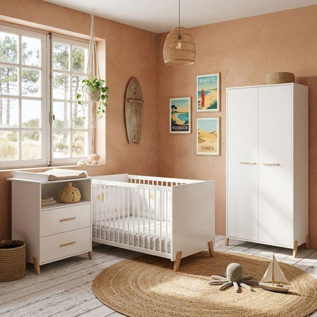 Commode a langer - Babyprice - Joy Naturel - 2 tiroirs - 1 niche - Blanc - Sur pieds en bois naturel