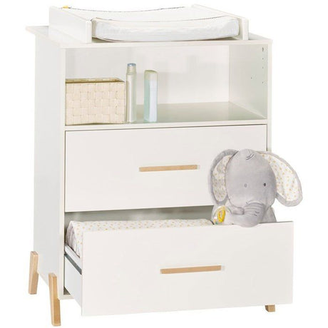 Commode a langer - Babyprice - Joy Naturel - 2 tiroirs - 1 niche - Blanc - Sur pieds en bois naturel