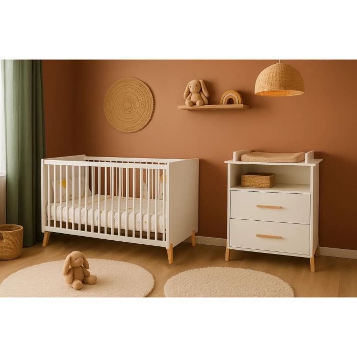 Commode a langer - Babyprice - Joy Naturel - 2 tiroirs - 1 niche - Blanc - Sur pieds en bois naturel