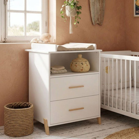 Commode a langer - Babyprice - Joy Naturel - 2 tiroirs - 1 niche - Blanc - Sur pieds en bois naturel
