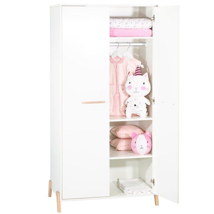 Armoire bÈbÈ Joy Naturel - Blanche - Sur pieds en bois naturel - 2 portes - Babyprice