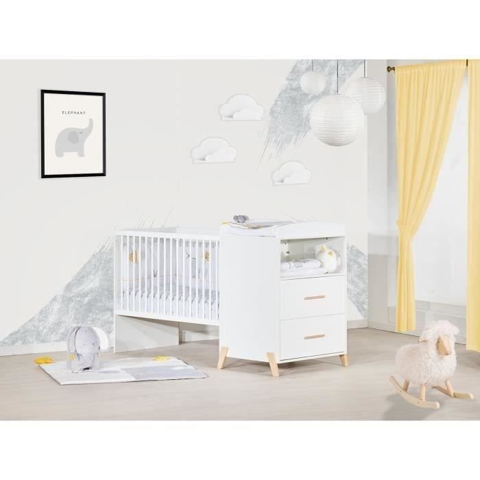 Lit Combiné - 120x60cm - Evolutif en 90x190cm - Babyprice Joy Naturel - Blanc sur pieds en bois naturel