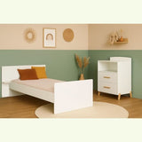 Lit Combiné - 120x60cm - Evolutif en 90x190cm - Babyprice Joy Naturel - Blanc sur pieds en bois naturel
