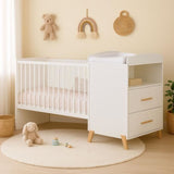 Lit Combiné - 120x60cm - Evolutif en 90x190cm - Babyprice Joy Naturel - Blanc sur pieds en bois naturel