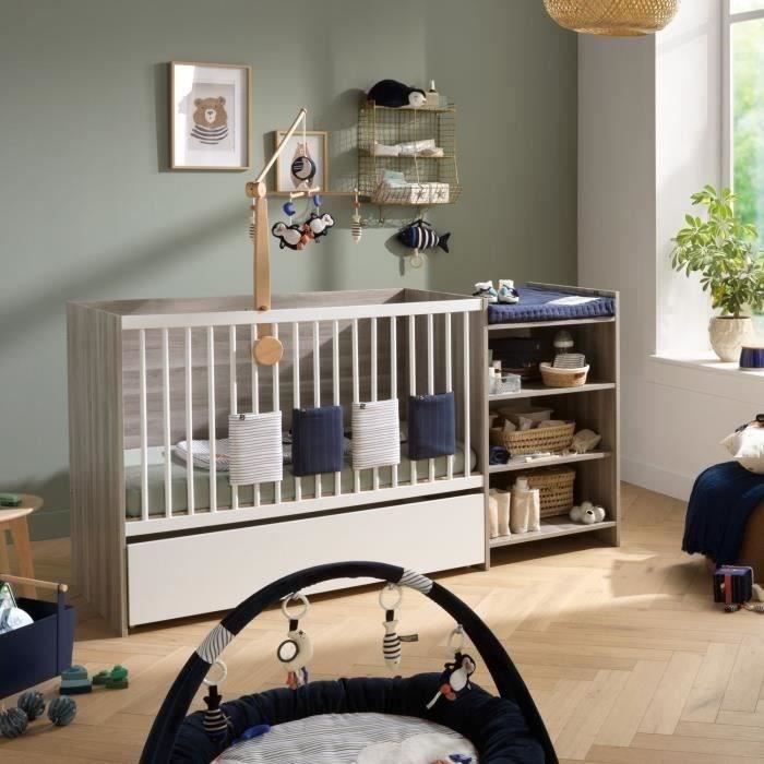 Lit bébé combiné - 120x60cm - Evolutif en 90x190cm - Babyprice Up - Chene silex - Avec commode a langer étagere