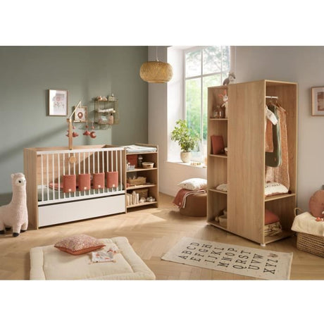 Lit bébé combiné - 120x60cm - Evolutif en 90x190cm - Babyprice Up - Décor bois - Avec commode a langer étagere