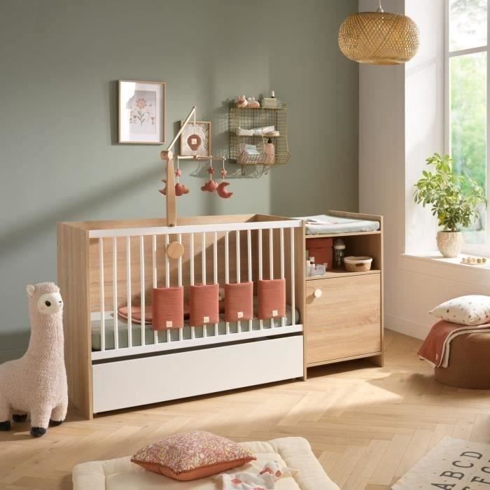 Combined baby bed - 120x60cm - Convertible to 90x190cm - Babyprice Up - Wood decor - With 1-door changing table