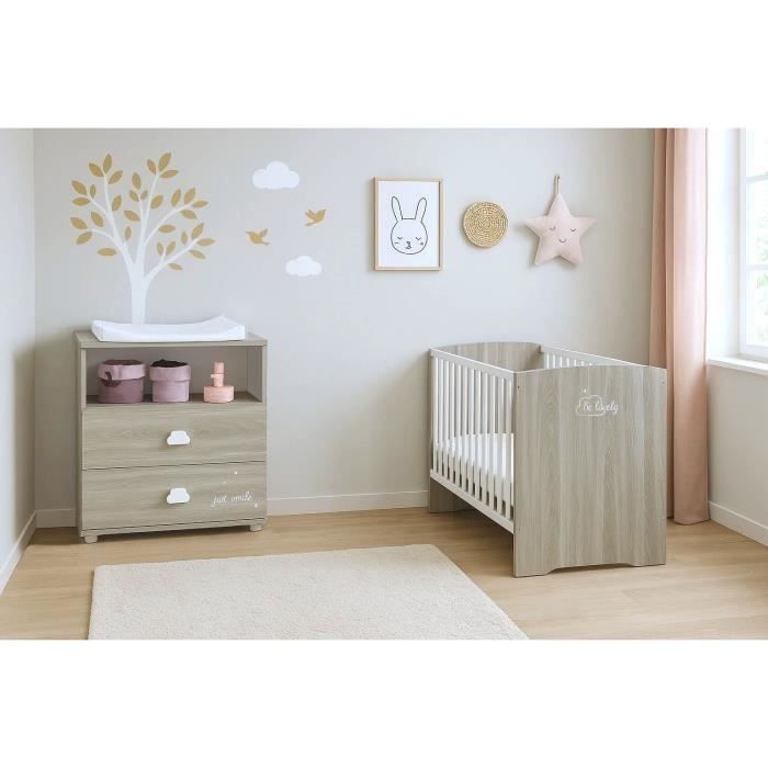 Chambre bébé complete - Lit 120x60 et commode a langer - BABY PRICE - SMILE - Chene silex