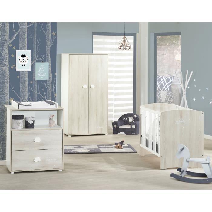 Chambre bébé complete - Lit 120x60, commode a langer et armoire - BABY PRICE - SMILE -  Hetre cendré