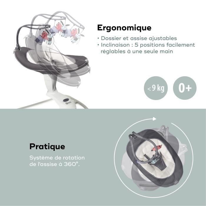 Babymoov Balancelle Bébé Electrique Swoon Motion, Assise a 360° - 5 vitesses - Réducteur & Arche inclus - 8 Berçeuses, Zinc