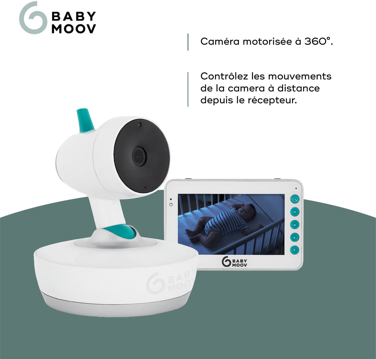 Babyphone - BABYMOOV - Portée de 300m - Caméra YOO Moov Motorisée - Caméra 360° - Grand écran 4,3 (11cm) - Veilleuse et berceuses