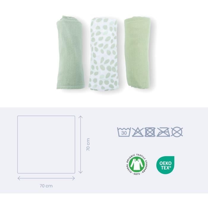 Lot de 3 langes - DOOMOO - Gaze de coton biologique - Certifié oeko-Tex - Vert