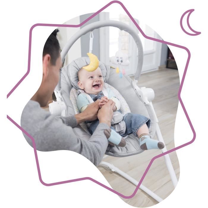 Badabulle - Moonlight - Transat Bébé Evolutif - 5 Positions Hauteur - Fixe ou Balancelle - Arche de Jeux et Tetiere - Garantie a vie