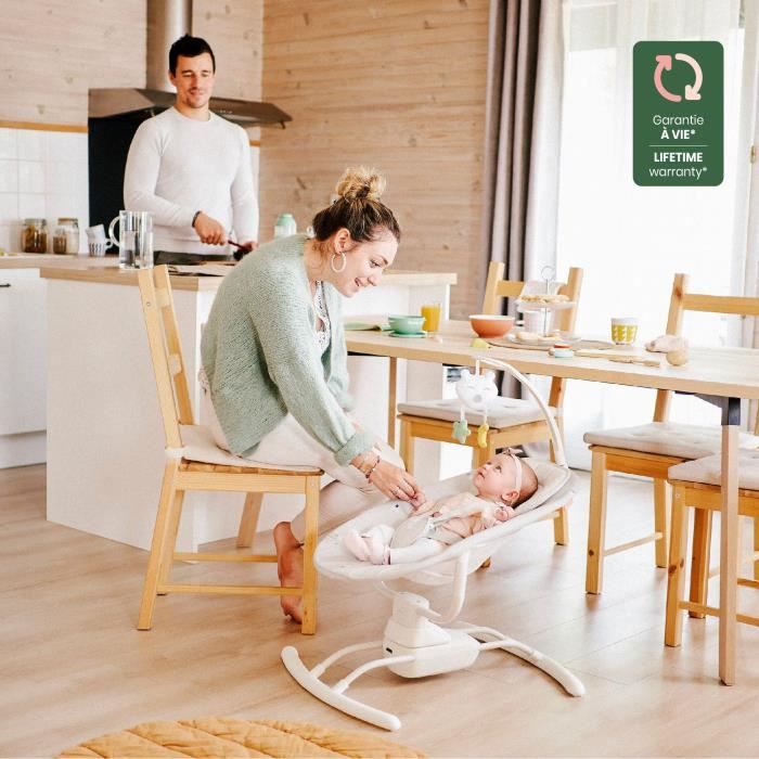 Badabulle Balancelle Bébé Electrique Latérale - 3 Vitesses de Balancement - 8 Berçeuses - Arche de jeux - Garantie a vie, Lichen