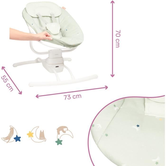 Badabulle Balancelle Bébé Electrique Latérale - 3 Vitesses de Balancement - 8 Berçeuses - Arche de jeux - Garantie a vie, Lichen