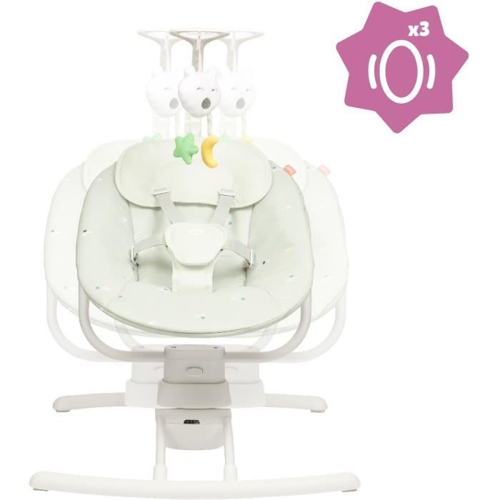 Badabulle Balancelle Bébé Electrique Latérale - 3 Vitesses de Balancement - 8 Berçeuses - Arche de jeux - Garantie a vie, Lichen
