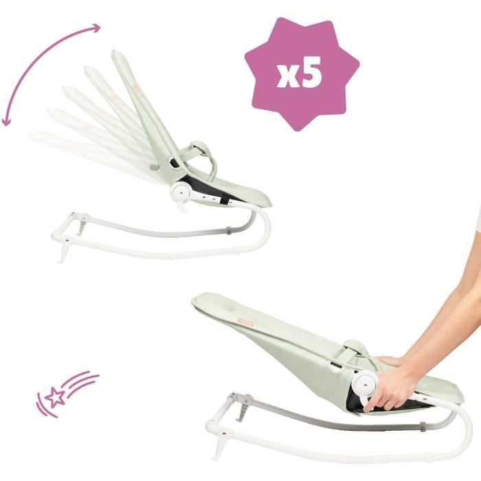 Badabulle Transat Bébé - Pliable - Position Fixe ou Balancelle - Arche de Jeux et Tetiere - Déhoussable - Garantie a vie - Lichen