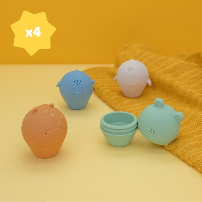 Badabulle Lot de 4 Aspergeurs de bain - Jouets de Bain en Silicone Souple - S'ouvrent pour etre lavÈs