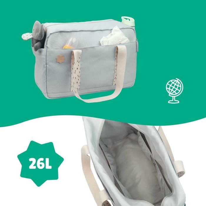 Badabulle Sac a langer Bowling - Grande Contenance 20L - Plan a langer et Attaches-poussette inclus, Gris