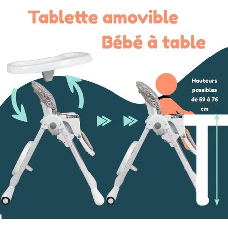 Chaise haute multipositions - BAMBISOL - Inclinable - Jusqu'a 3 ans - Beige / Blanc