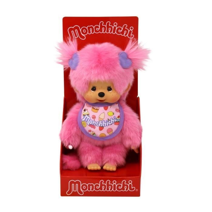 Peluche Monchhichi Frozen Fruit 20 cm - BANDAI - Fourrure rose - Bavoir gourmand - Cadeau enfant