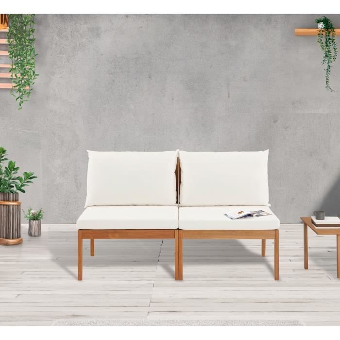 Banc de jardin ALMA en bois d'acacia FSC avec coussins - 2 personnes - Blanc