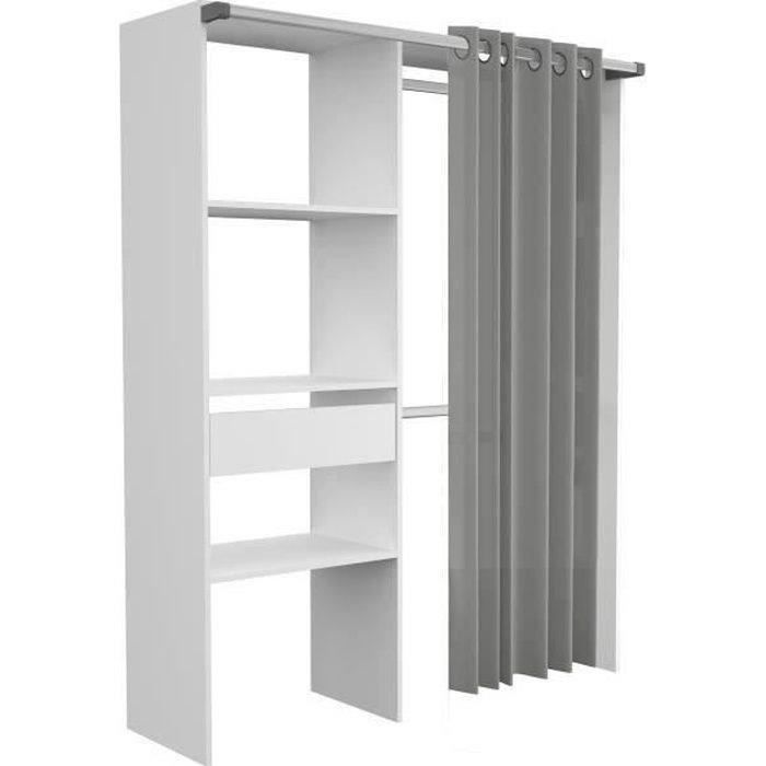 Dressing ARTIC - L143,5 x P48 x H181,9 cm - Blanc + rideau gris - Made in France