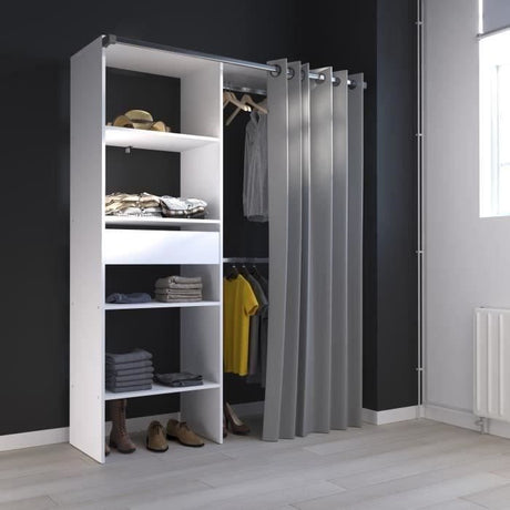 Dressing ARTIC - L143,5 x P48 x H181,9 cm - Blanc + rideau gris - Made in France