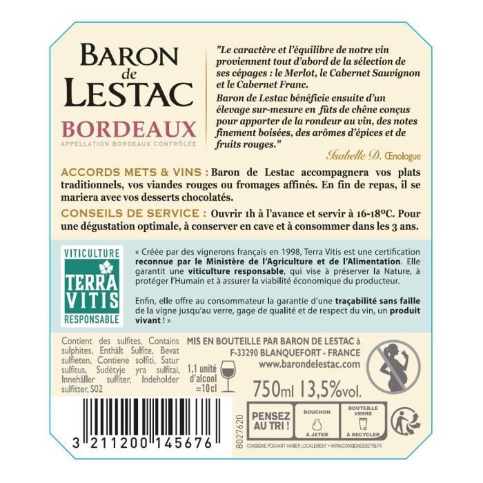 Baron de Lestac 2021 Bordeaux - Vin rouge de Bordeaux - Terra Vitis