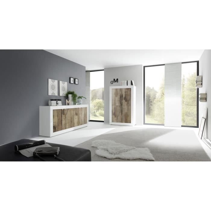 Buffet - BASICO - 4 portes - Blanc décor chene Pero - 207 x 86 x 43 cm