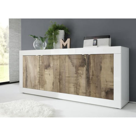 Buffet - BASICO - 4 portes - Blanc décor chene Pero - 207 x 86 x 43 cm