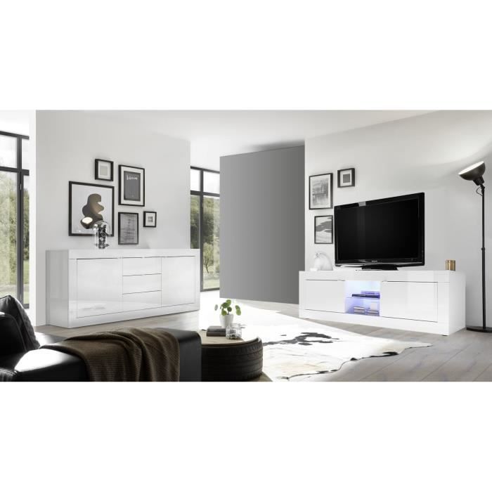 Ensemble séjour - Meuble Tv 180 cm + Buffet 210 cm 2 portes 3 tiroirs - BASICO - Blanc laqué