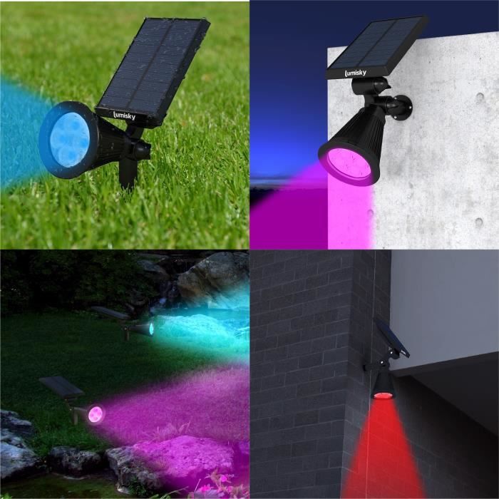 Pack de 2 Spots solaires extérieur étanches - LUMISKY - 4 LEDs colorées RGB - 200 Lumens - Tete pivotante a 90°C