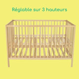 BEBECONFORT Poppy, Lit a barreaux Bois Naturel, 3 niveaux ajustables, 60x120 cm, des la naissance jusqu'a 3 ans