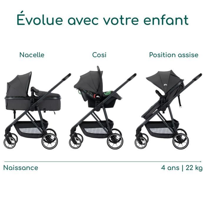 BEBECONFORT Brume Trio, Poussette 3 en 1, 0 a 4 ans, compacte et légere, siege auto i-Size, Mineral Graphite