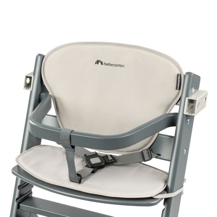 BEBECONFORT Timba + coussin, Chaise haute bébé, Chaise bois, De 6 mois a 10 ans (30kg), Gray Mist